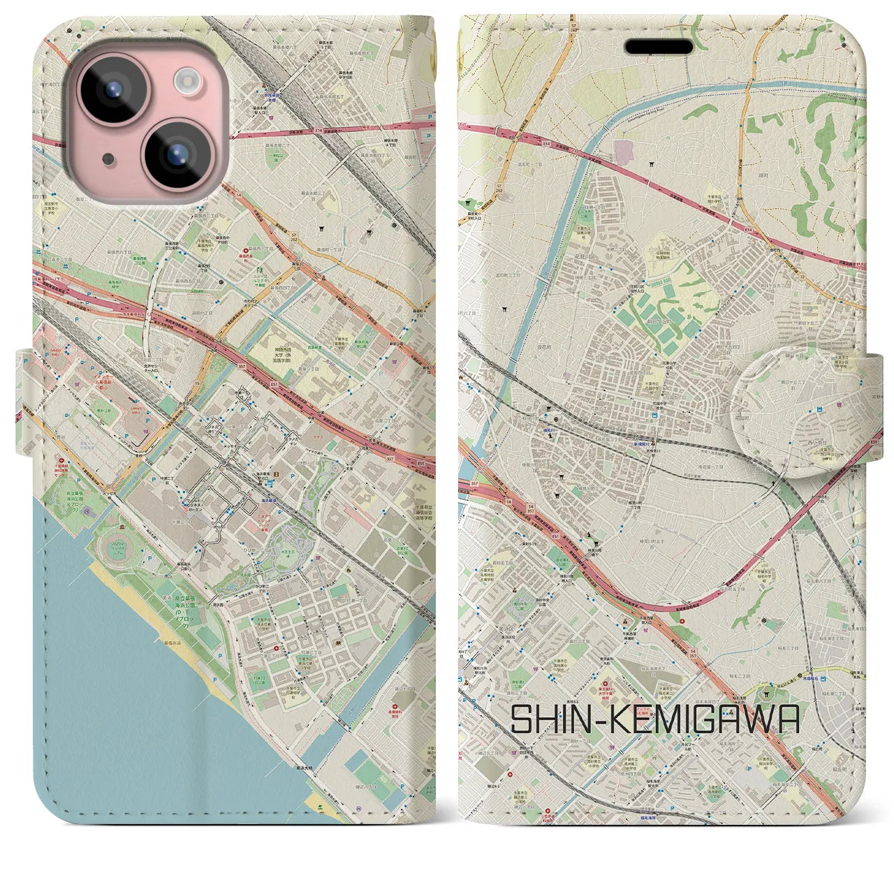 【新検見川】地図柄iPhoneケース（手帳両面タイプ・ナチュラル）iPhone 15 Plus 用