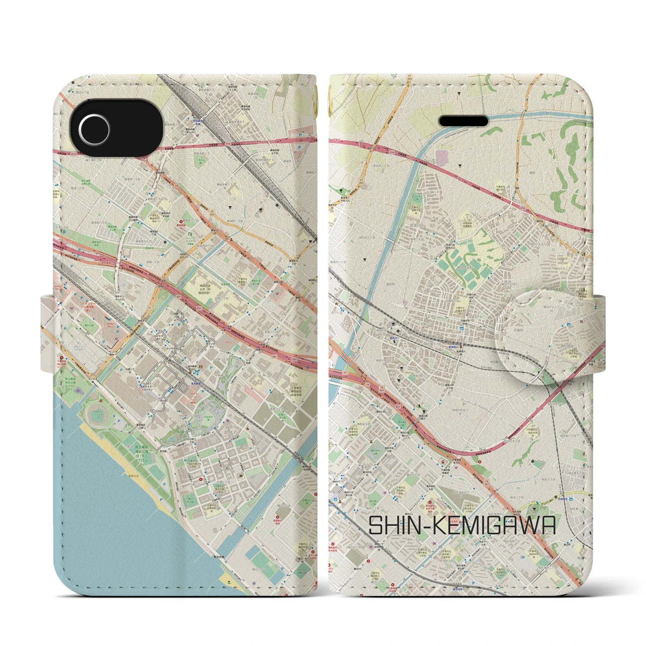 【新検見川】地図柄iPhoneケース（手帳両面タイプ・ナチュラル）iPhone SE（第3 / 第2世代） / 8 / 7 / 6s / 6 用