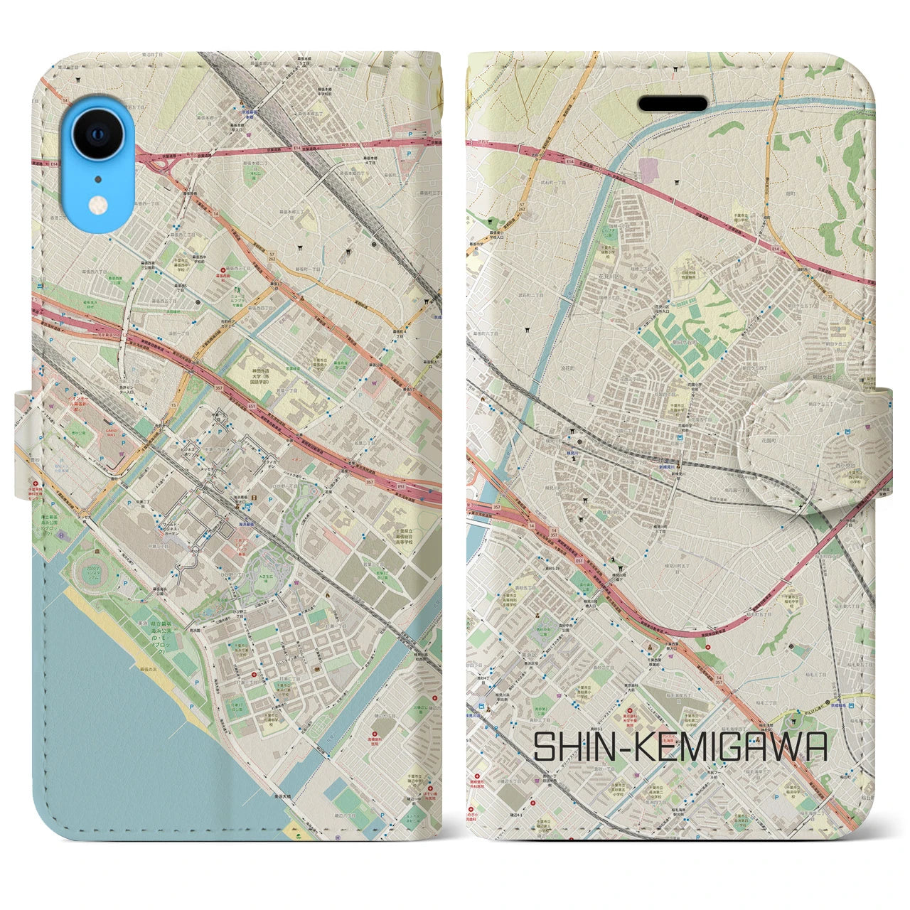【新検見川】地図柄iPhoneケース（手帳両面タイプ・ナチュラル）iPhone XR 用