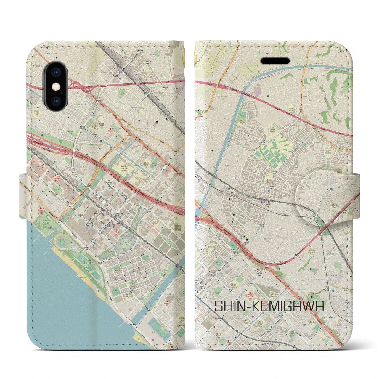 【新検見川】地図柄iPhoneケース（手帳両面タイプ・ナチュラル）iPhone XS / X 用