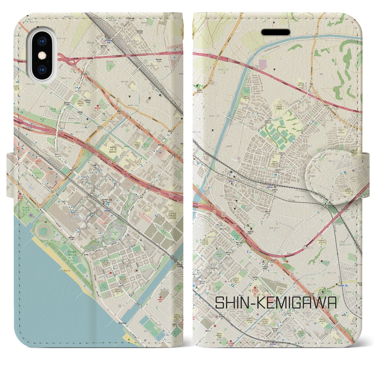 【新検見川】地図柄iPhoneケース（手帳両面タイプ・ナチュラル）iPhone XS Max 用