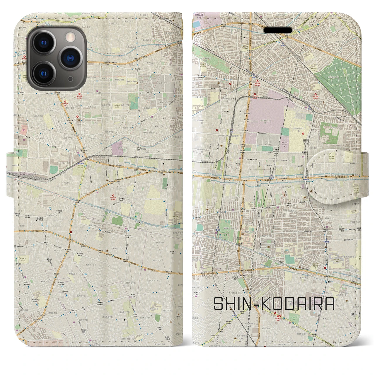 【新小平】地図柄iPhoneケース（手帳両面タイプ・ナチュラル）iPhone 11 Pro Max 用
