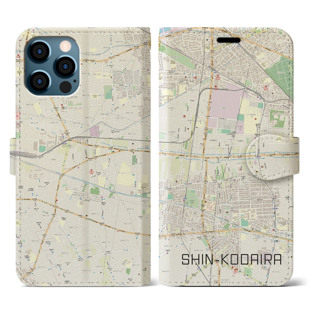 【新小平】地図柄iPhoneケース（手帳両面タイプ・ナチュラル）iPhone 12 / 12 Pro 用