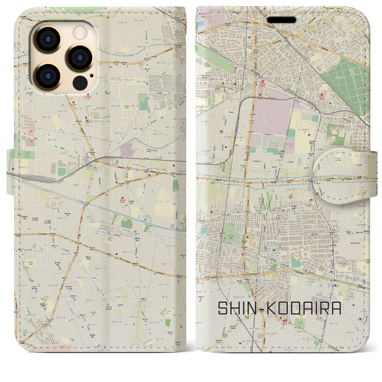 【新小平】地図柄iPhoneケース（手帳両面タイプ・ナチュラル）iPhone 12 Pro Max 用