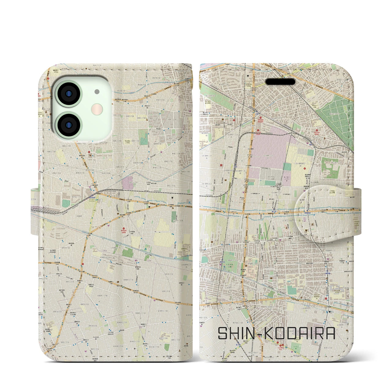 【新小平】地図柄iPhoneケース（手帳両面タイプ・ナチュラル）iPhone 12 mini 用