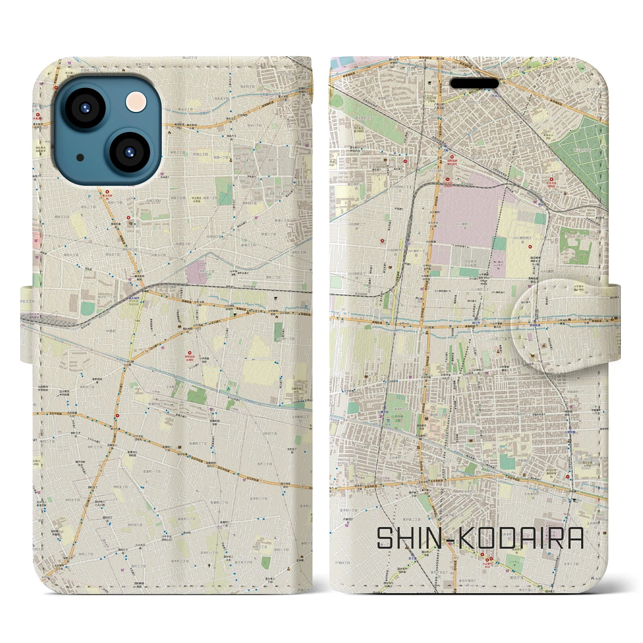 【新小平】地図柄iPhoneケース（手帳両面タイプ・ナチュラル）iPhone 13 用
