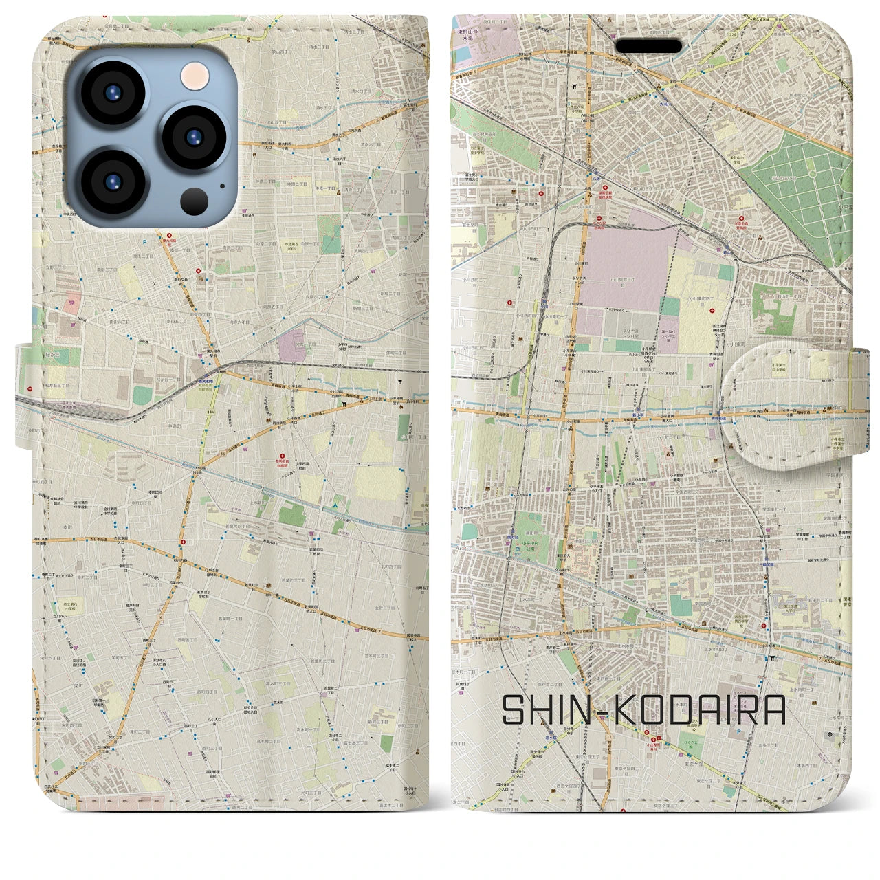 【新小平】地図柄iPhoneケース（手帳両面タイプ・ナチュラル）iPhone 13 Pro Max 用