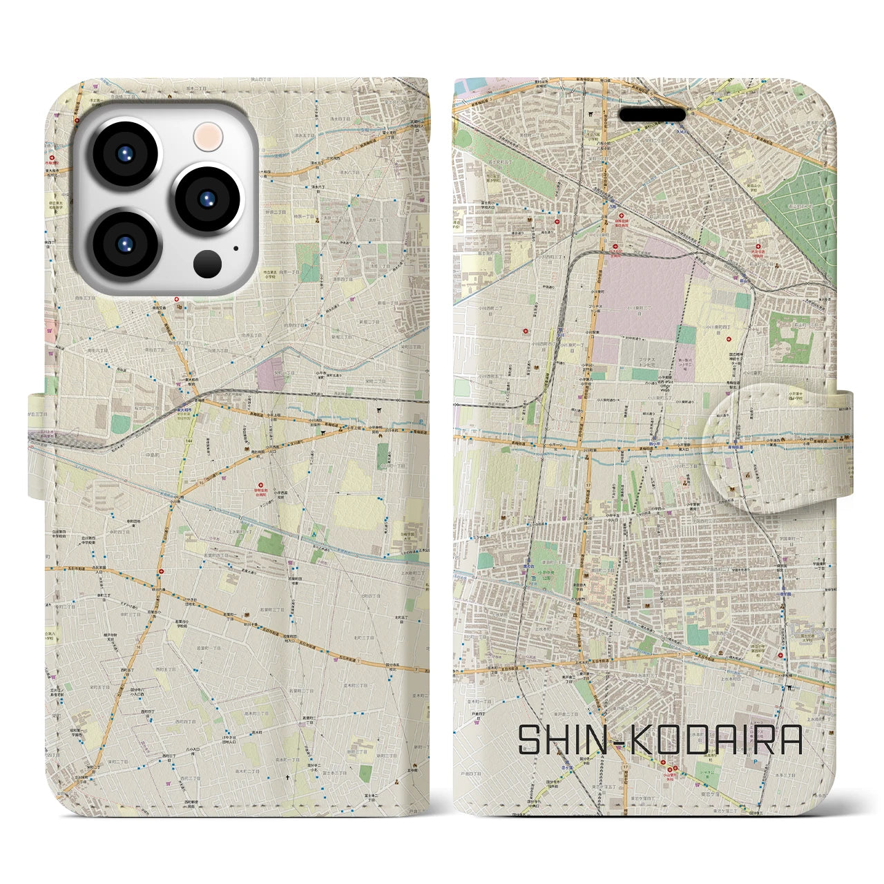 【新小平】地図柄iPhoneケース（手帳両面タイプ・ナチュラル）iPhone 13 Pro 用
