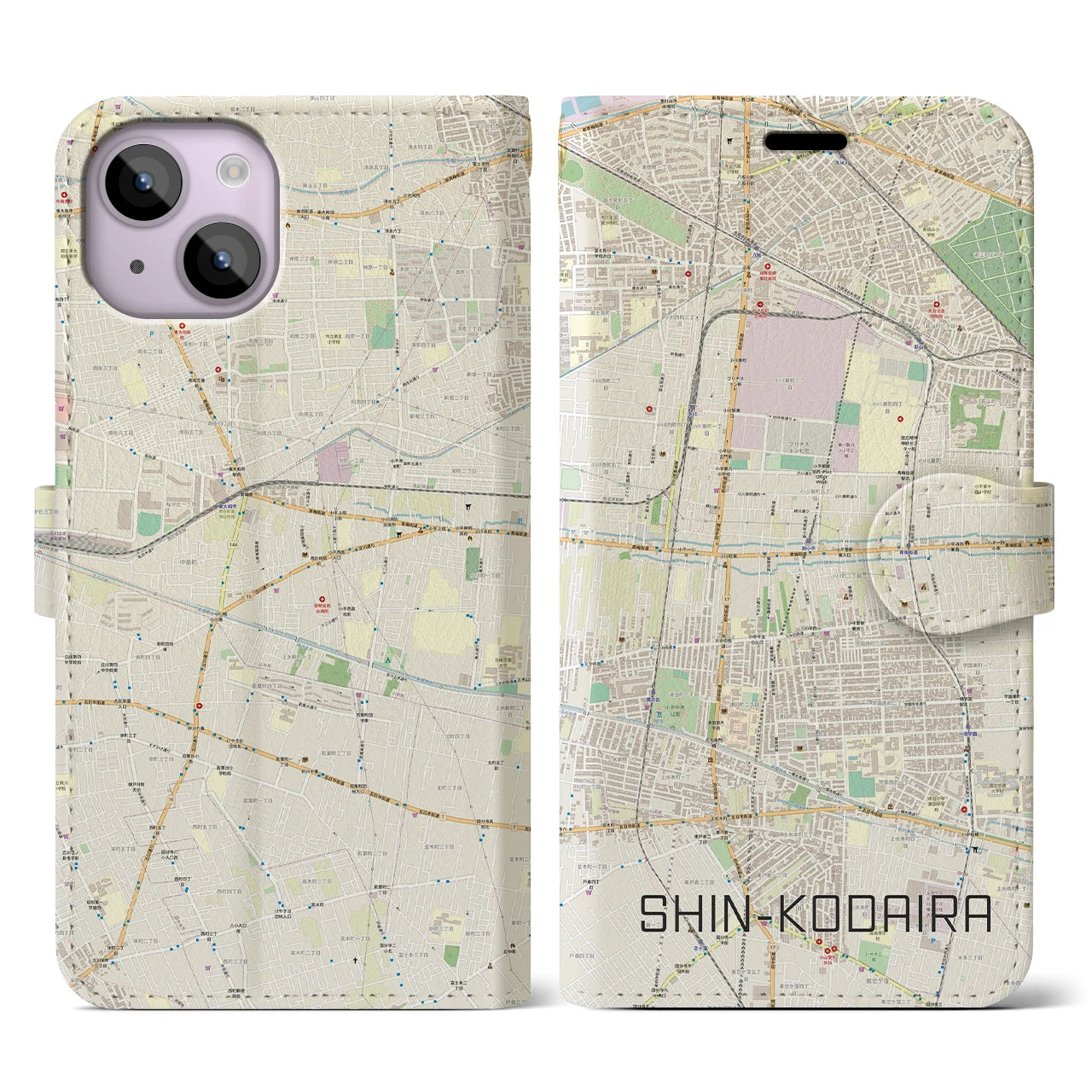 【新小平】地図柄iPhoneケース（手帳両面タイプ・ナチュラル）iPhone 14 用