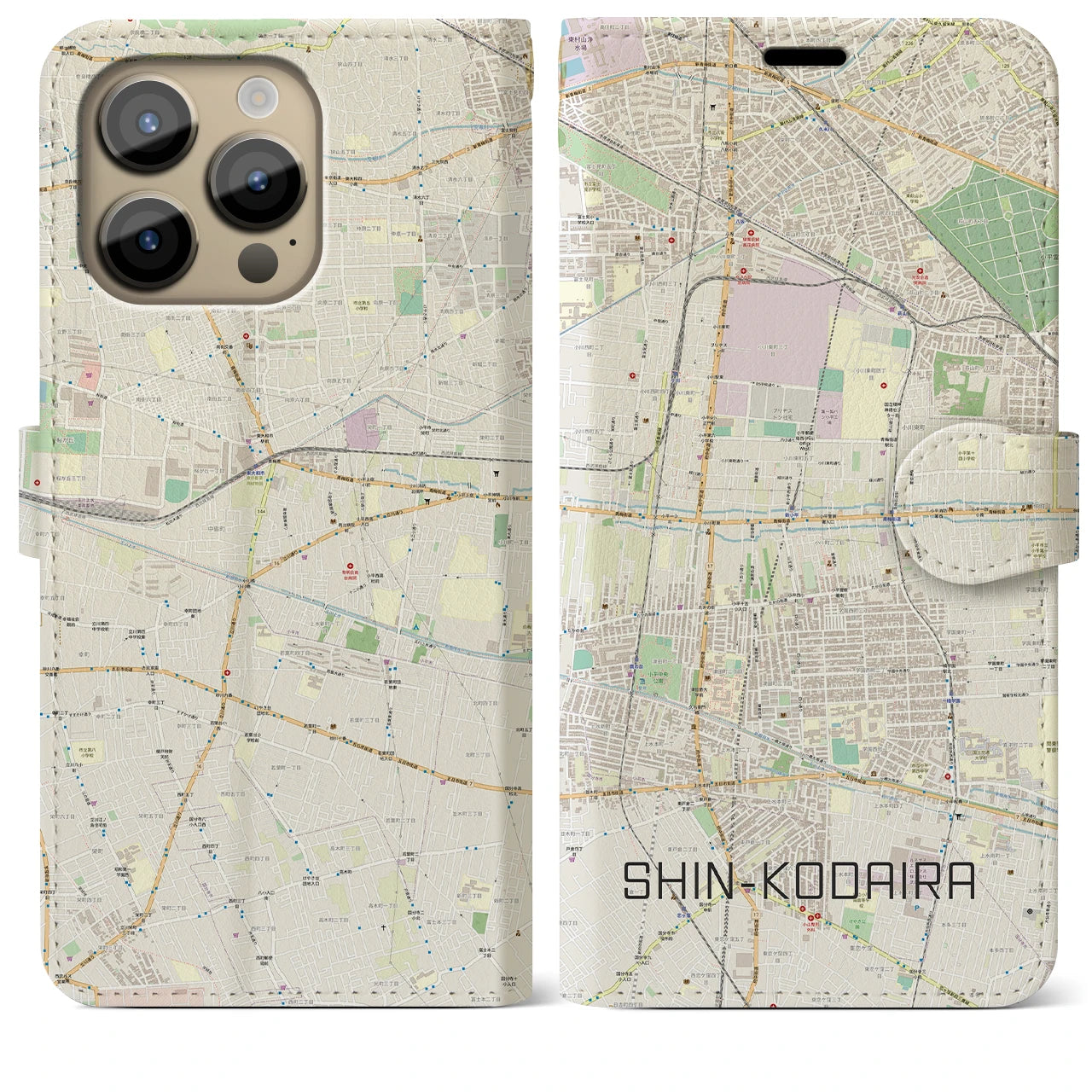 【新小平】地図柄iPhoneケース（手帳両面タイプ・ナチュラル）iPhone 14 Pro Max 用