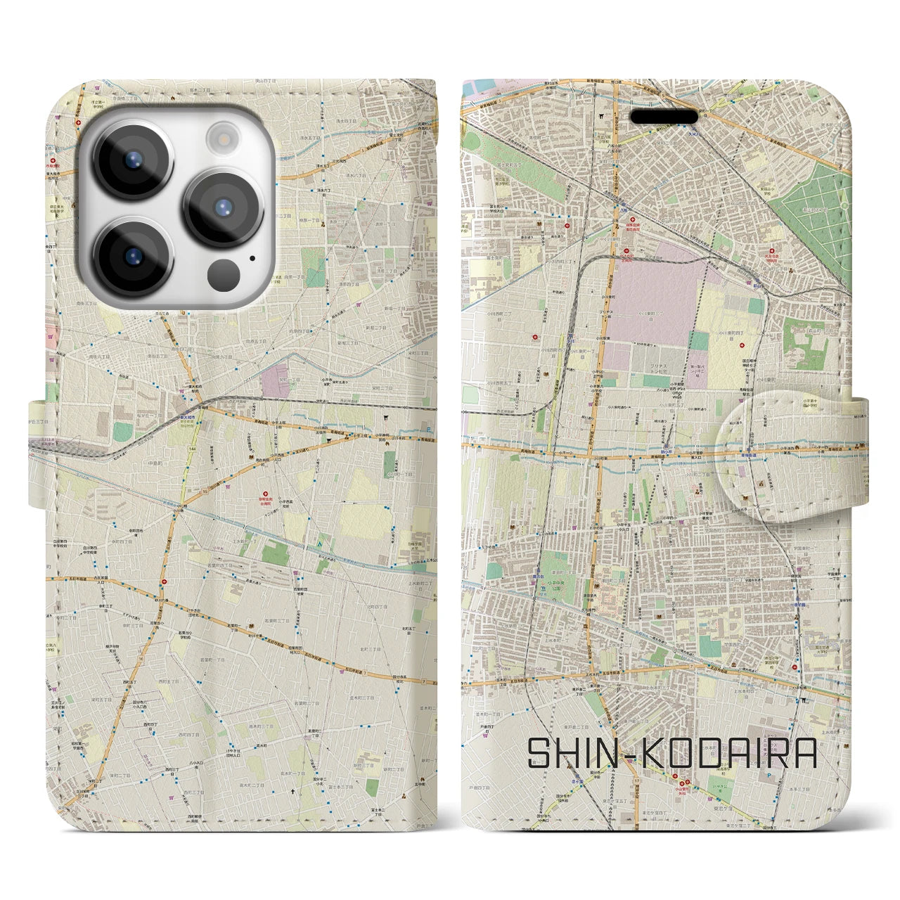 【新小平】地図柄iPhoneケース（手帳両面タイプ・ナチュラル）iPhone 14 Pro 用