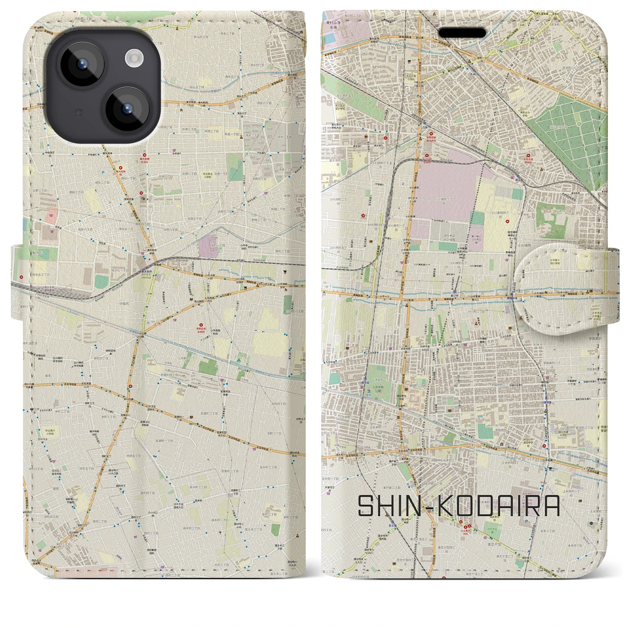 【新小平】地図柄iPhoneケース（手帳両面タイプ・ナチュラル）iPhone 14 Plus 用