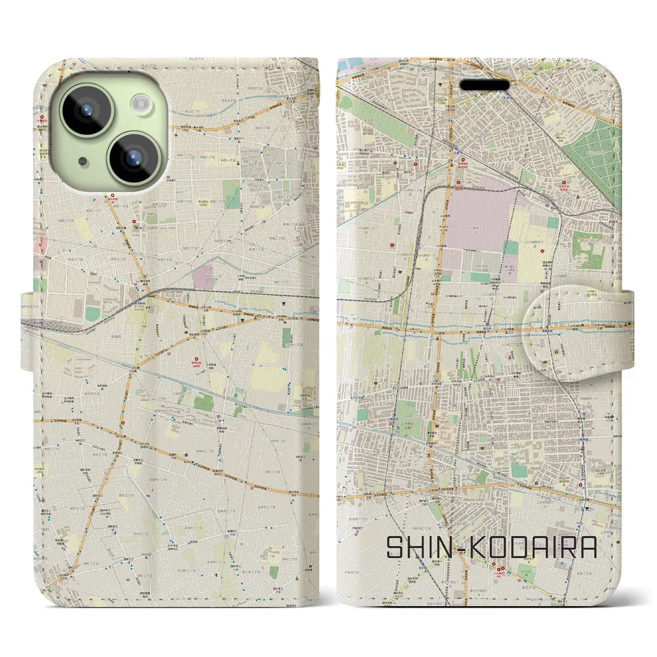 【新小平】地図柄iPhoneケース（手帳両面タイプ・ナチュラル）iPhone 15 用