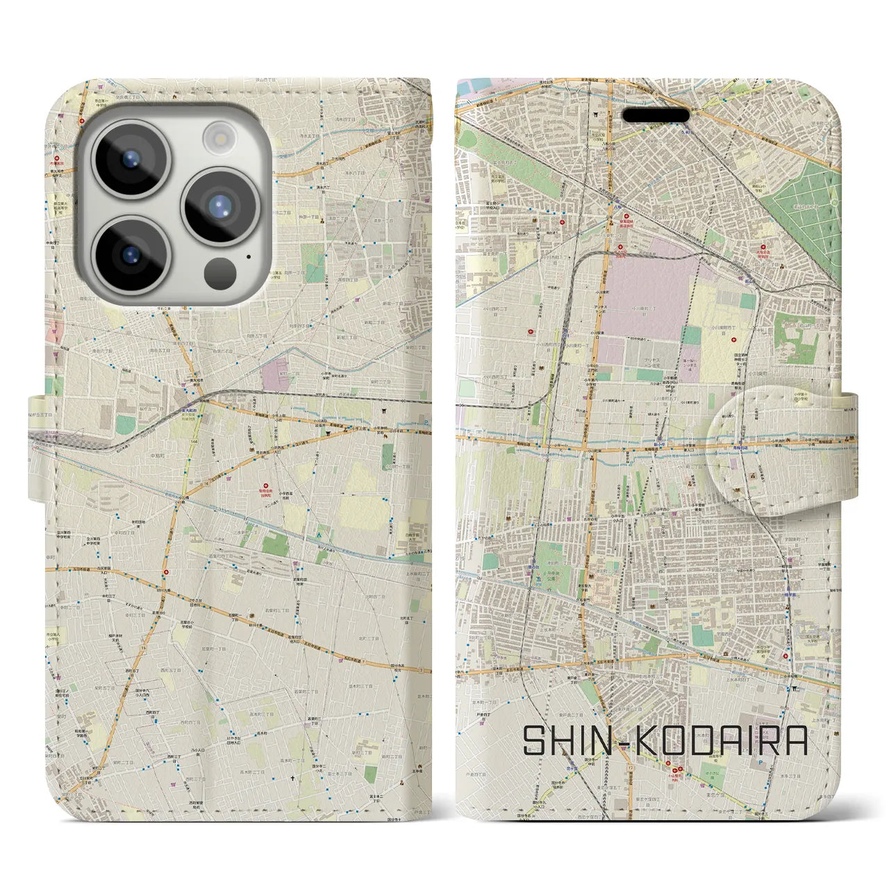 【新小平】地図柄iPhoneケース（手帳両面タイプ・ナチュラル）iPhone 15 Pro 用
