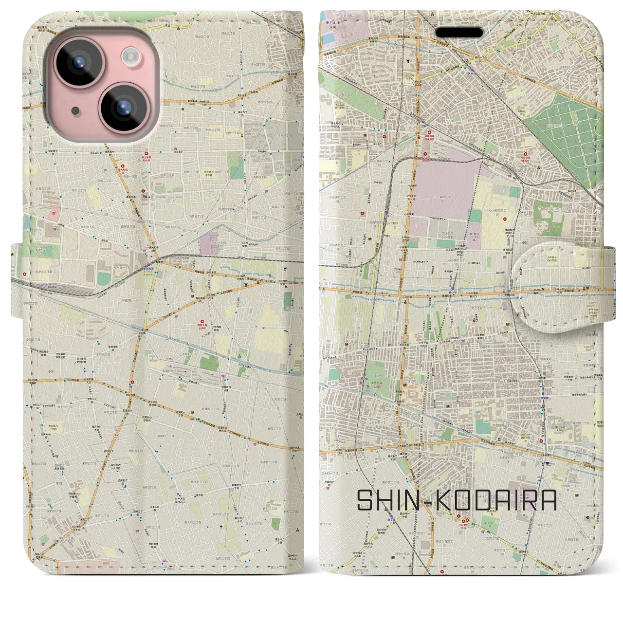 【新小平】地図柄iPhoneケース（手帳両面タイプ・ナチュラル）iPhone 15 Plus 用