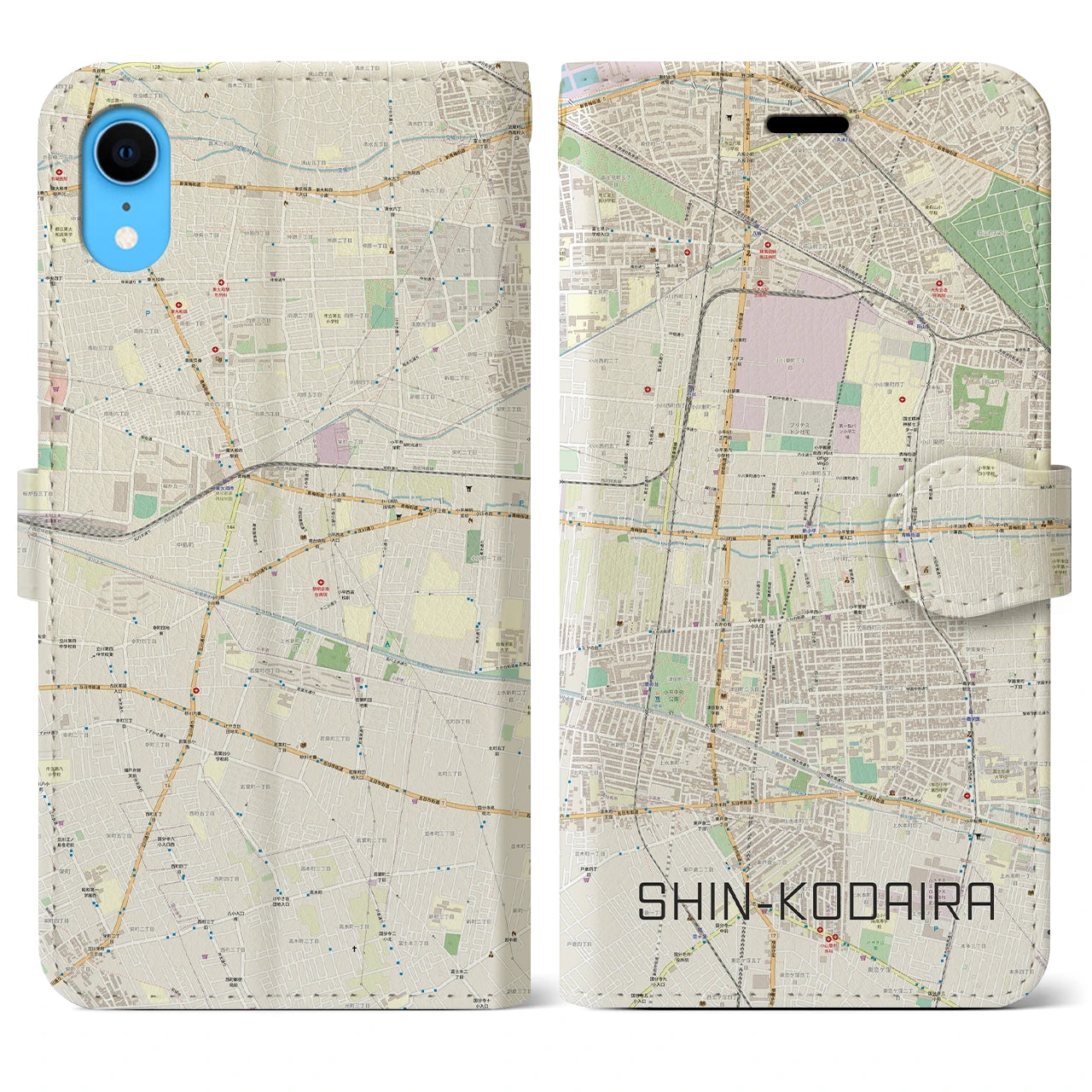 【新小平】地図柄iPhoneケース（手帳両面タイプ・ナチュラル）iPhone XR 用