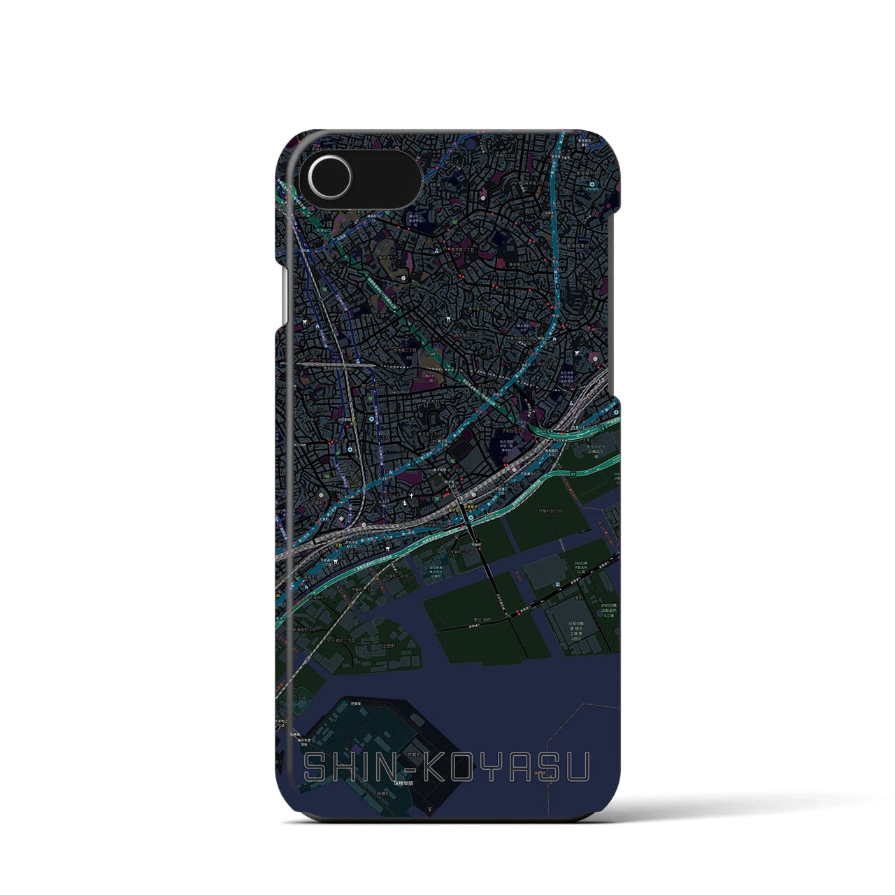 【新子安】地図柄iPhoneケース（バックカバータイプ・ブラック）iPhone SE（第3 / 第2世代） / 8 / 7 / 6s / 6 用