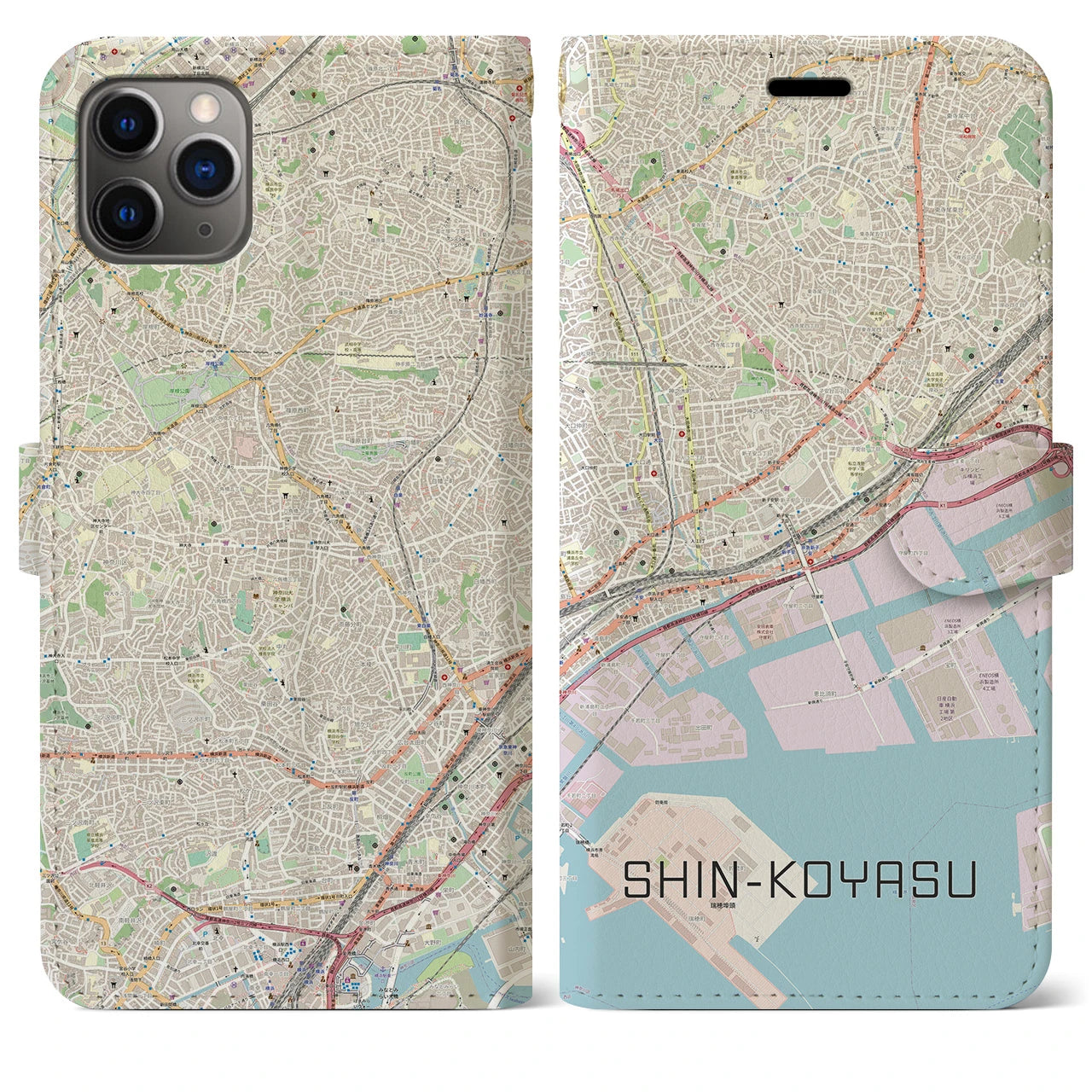 【新子安】地図柄iPhoneケース（手帳両面タイプ・ナチュラル）iPhone 11 Pro Max 用