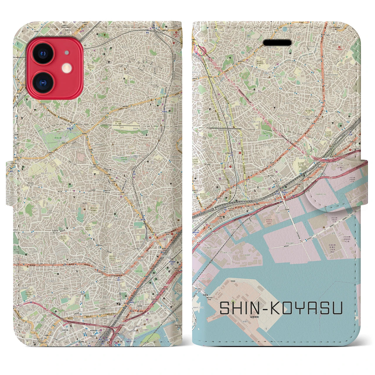 【新子安】地図柄iPhoneケース（手帳両面タイプ・ナチュラル）iPhone 11 用