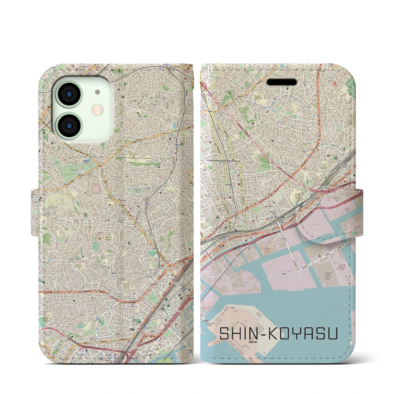 【新子安】地図柄iPhoneケース（手帳両面タイプ・ナチュラル）iPhone 12 mini 用