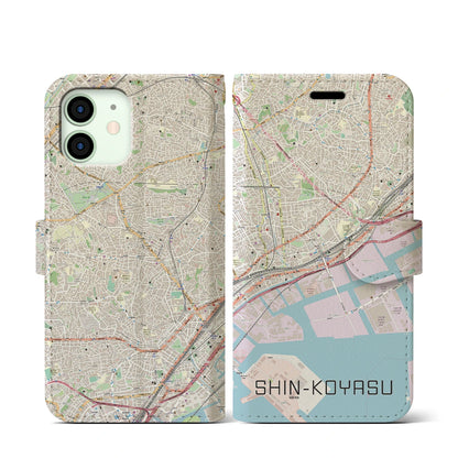 【新子安（神奈川県）】地図柄iPhoneケース（手帳タイプ）ナチュラル・iPhone 12 mini 用