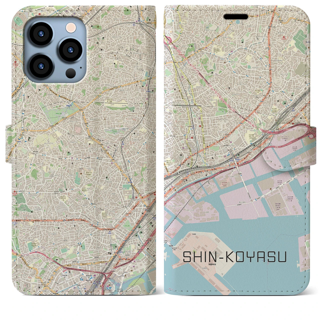 【新子安】地図柄iPhoneケース（手帳両面タイプ・ナチュラル）iPhone 13 Pro Max 用