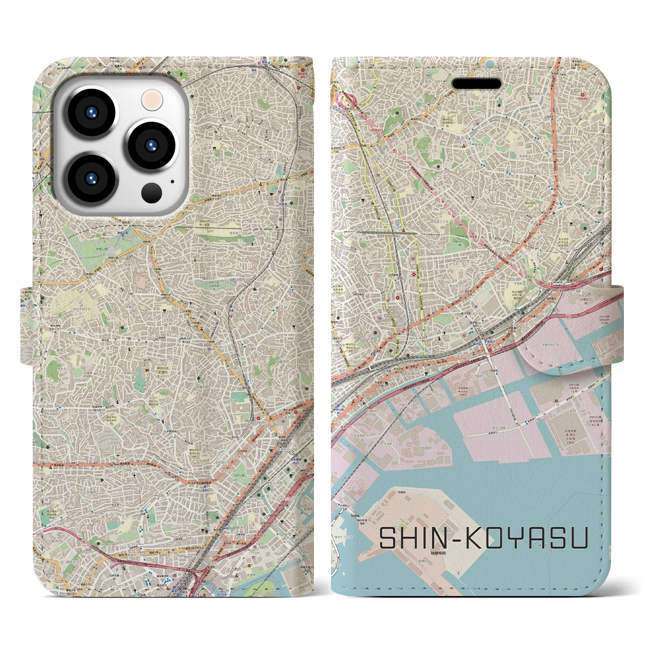 【新子安】地図柄iPhoneケース（手帳両面タイプ・ナチュラル）iPhone 13 Pro 用