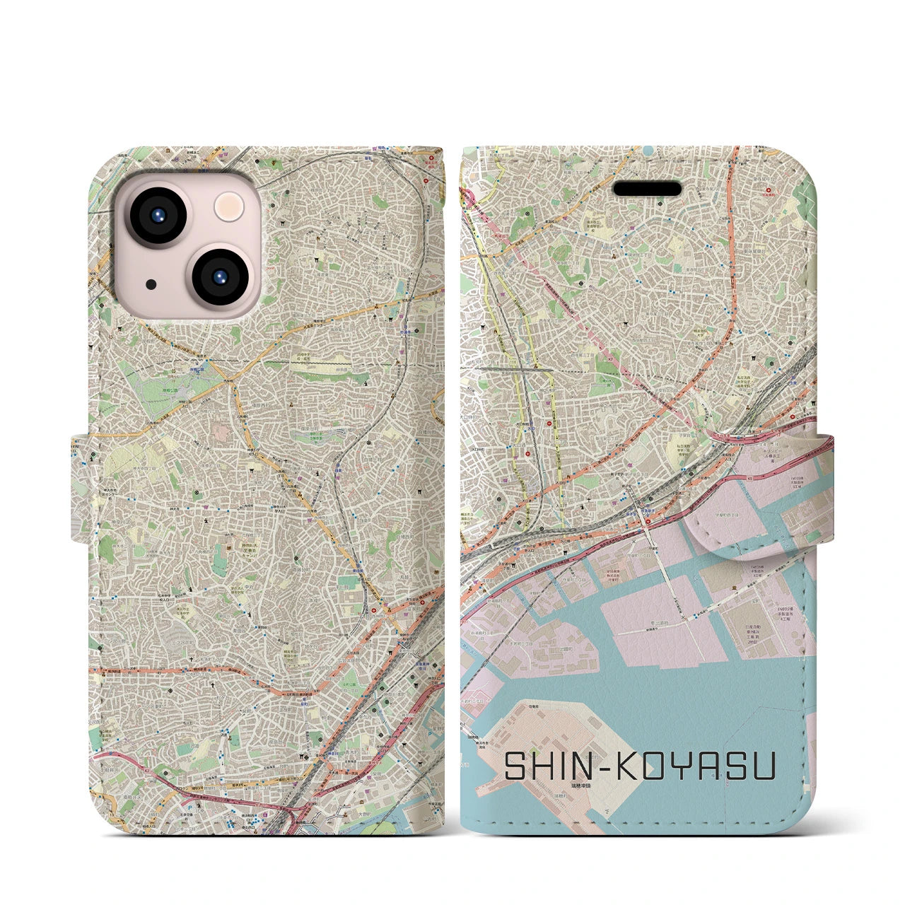 【新子安】地図柄iPhoneケース（手帳両面タイプ・ナチュラル）iPhone 13 mini 用