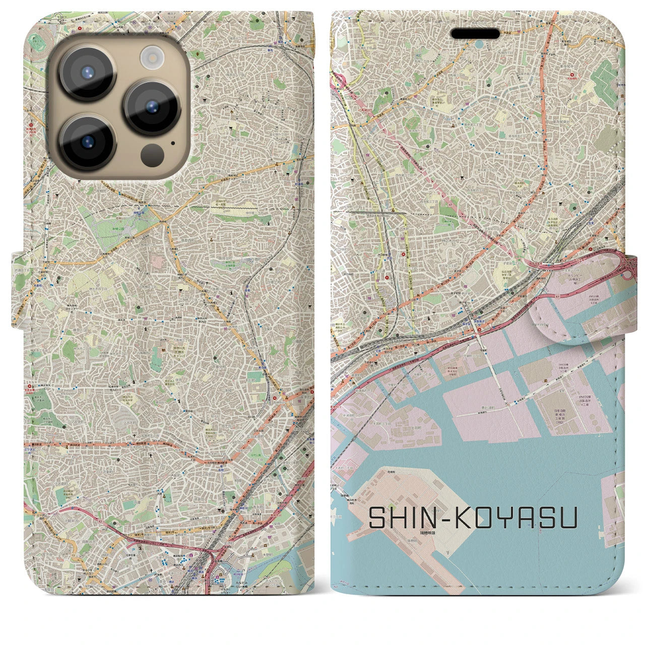 【新子安】地図柄iPhoneケース（手帳両面タイプ・ナチュラル）iPhone 14 Pro Max 用