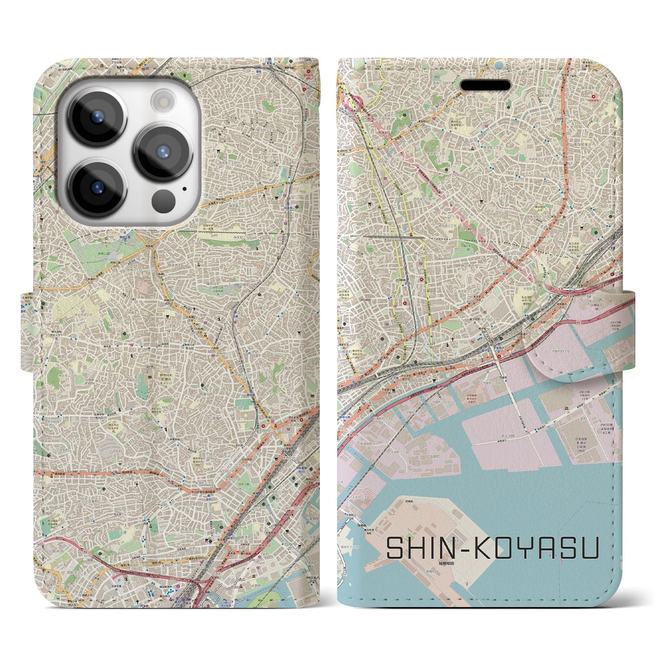【新子安】地図柄iPhoneケース（手帳両面タイプ・ナチュラル）iPhone 14 Pro 用