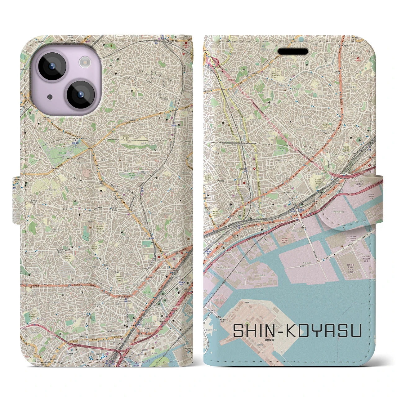 【新子安】地図柄iPhoneケース（手帳両面タイプ・ナチュラル）iPhone 14 用