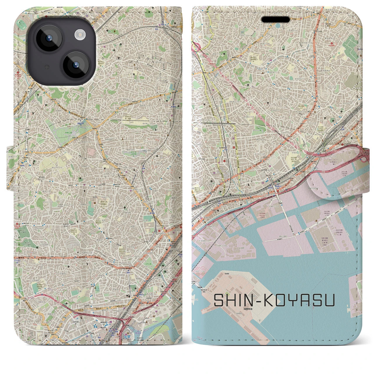 【新子安】地図柄iPhoneケース（手帳両面タイプ・ナチュラル）iPhone 14 Plus 用