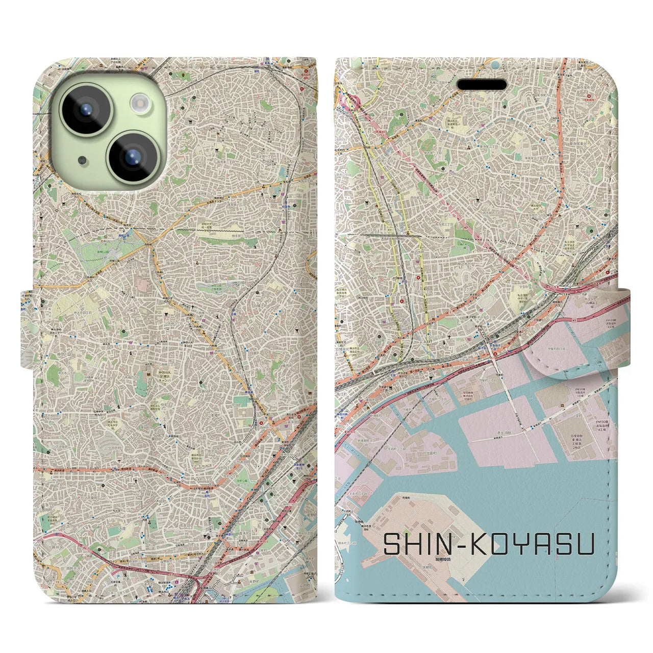 【新子安】地図柄iPhoneケース（手帳両面タイプ・ナチュラル）iPhone 15 用