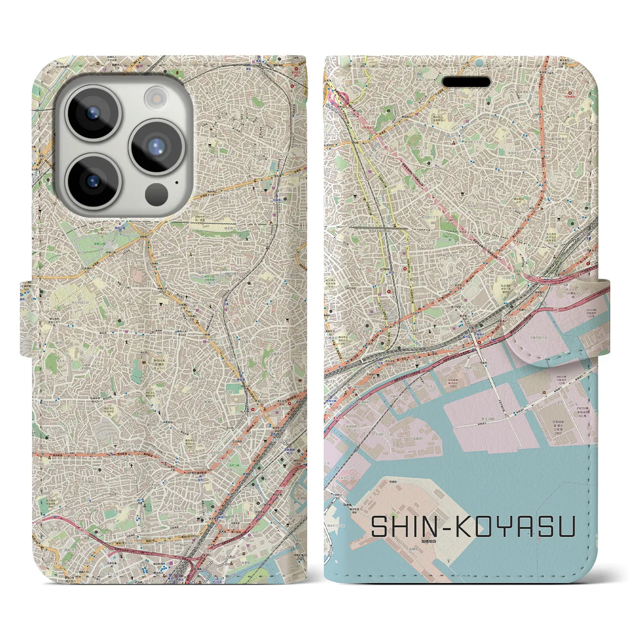 【新子安】地図柄iPhoneケース（手帳両面タイプ・ナチュラル）iPhone 15 Pro 用