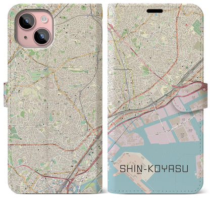【新子安（神奈川県）】地図柄iPhoneケース（手帳タイプ）ナチュラル・iPhone 15 Plus 用