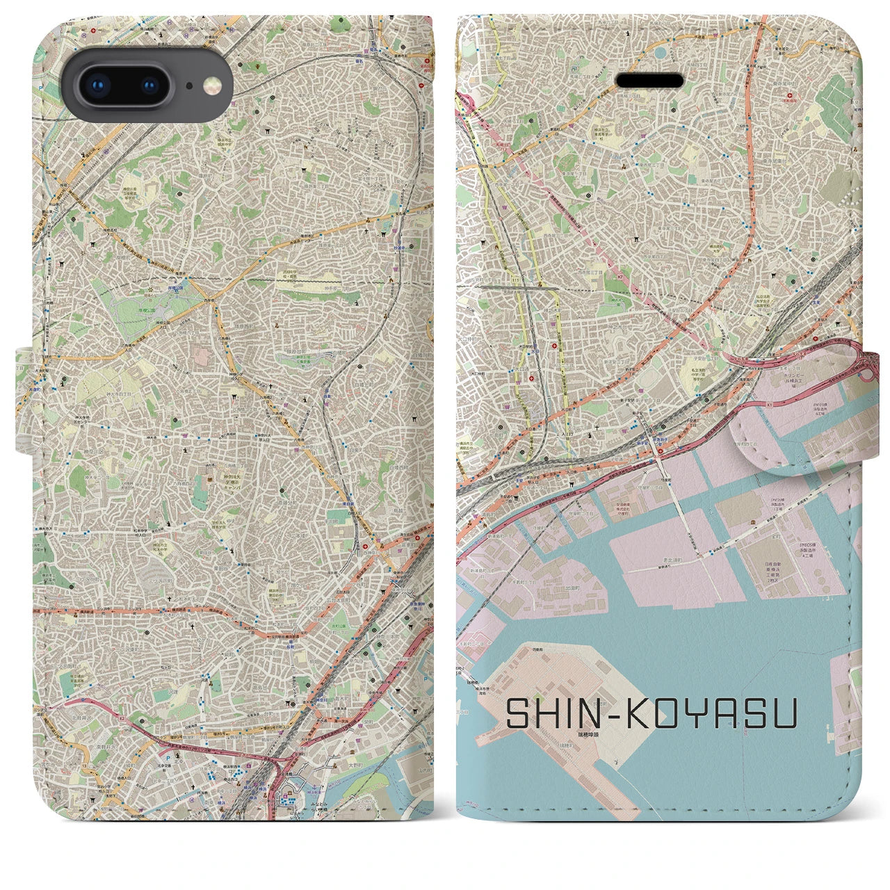 【新子安】地図柄iPhoneケース（手帳両面タイプ・ナチュラル）iPhone 8Plus /7Plus / 6sPlus / 6Plus 用