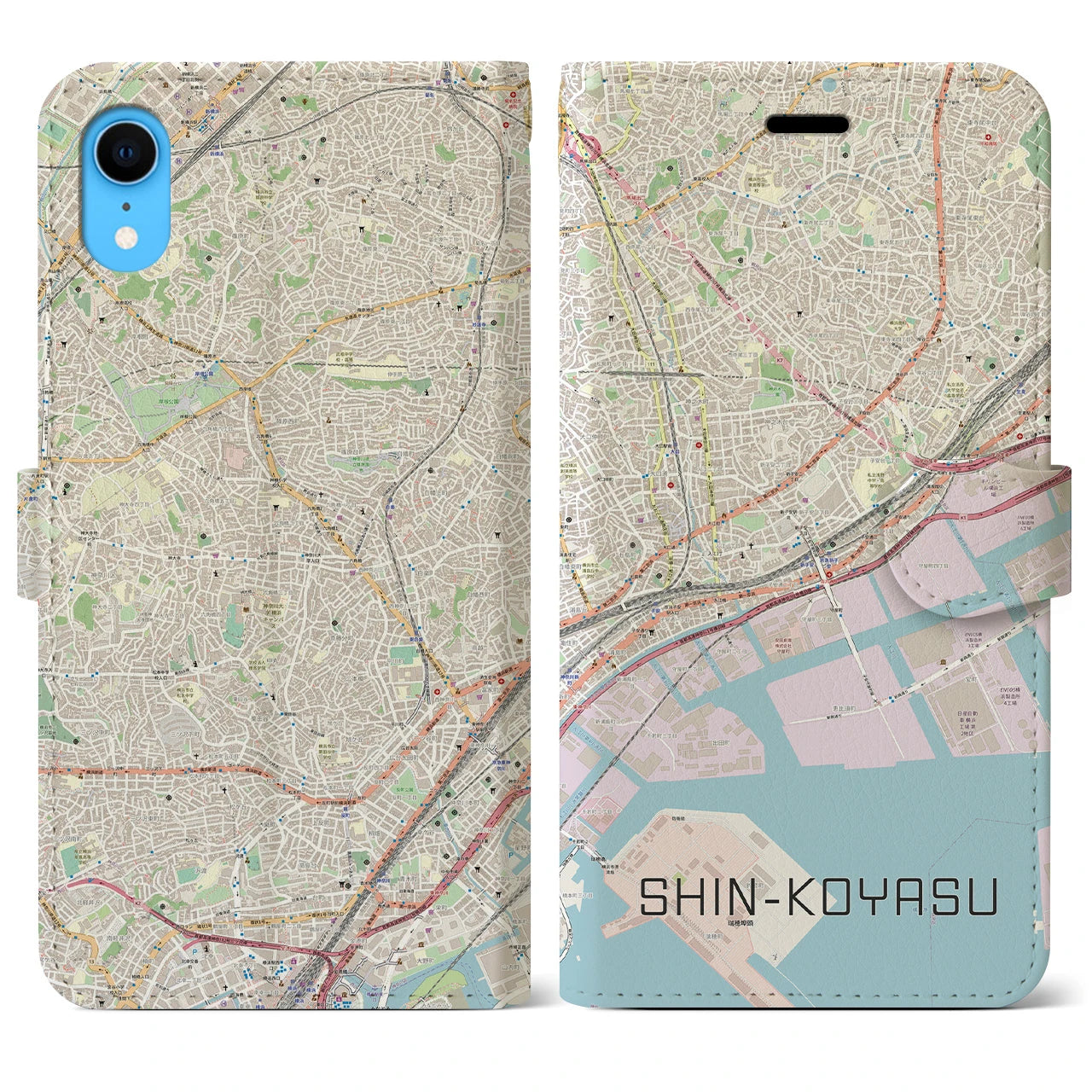 【新子安】地図柄iPhoneケース（手帳両面タイプ・ナチュラル）iPhone XR 用