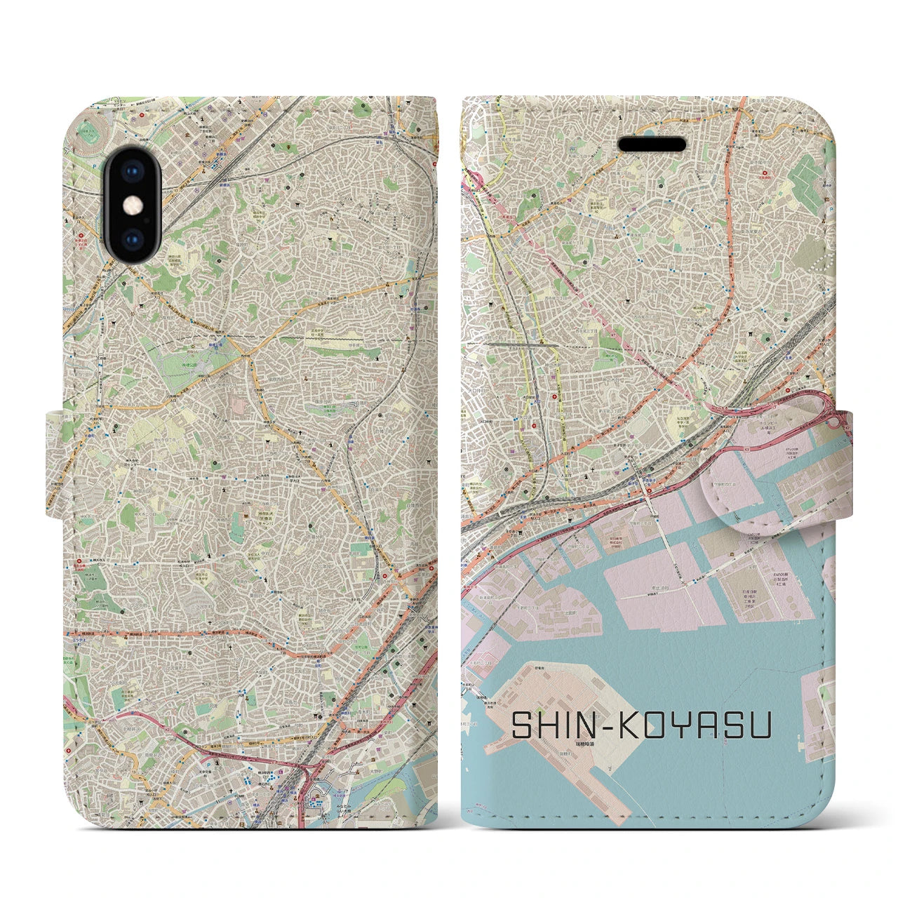 【新子安】地図柄iPhoneケース（手帳両面タイプ・ナチュラル）iPhone XS / X 用
