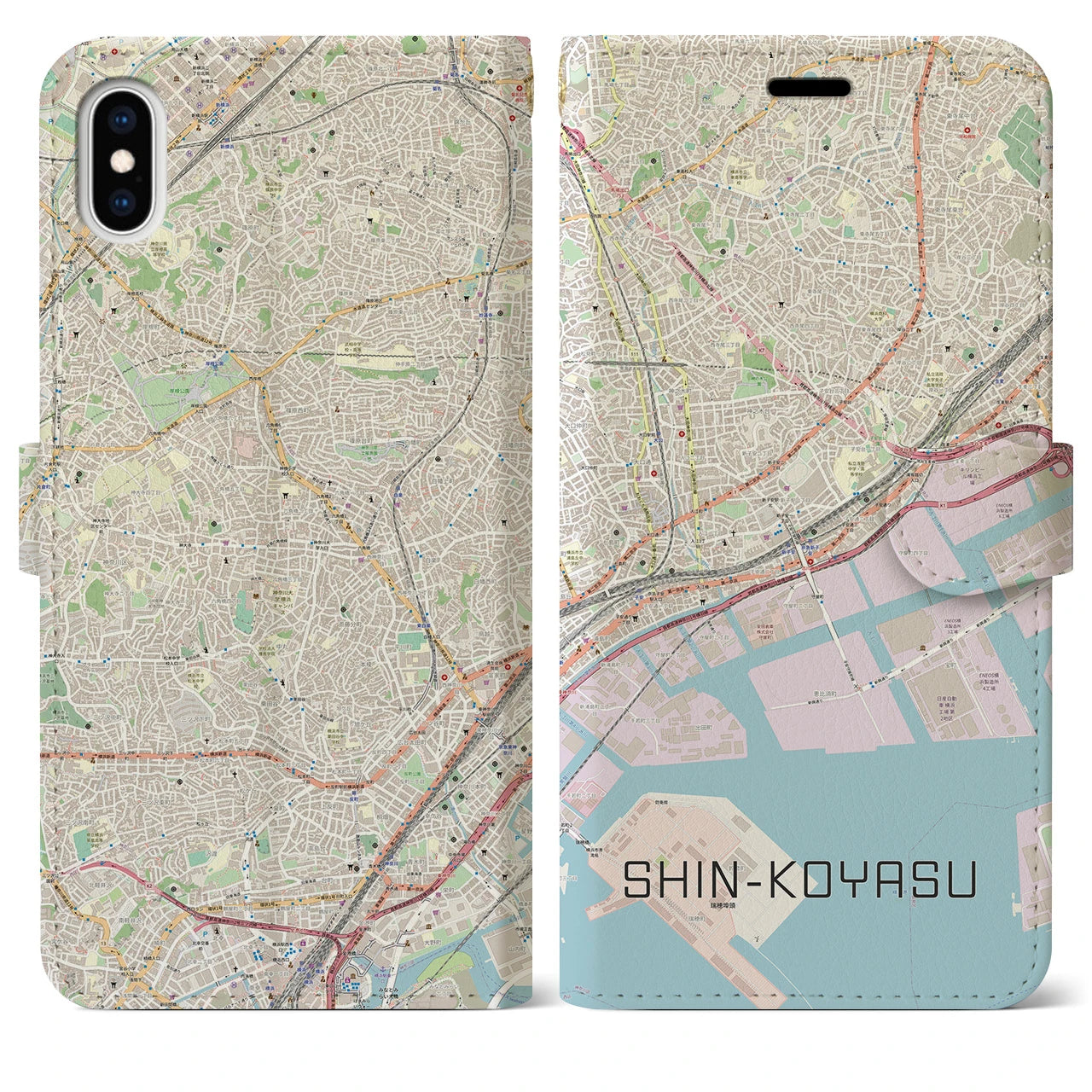 【新子安】地図柄iPhoneケース（手帳両面タイプ・ナチュラル）iPhone XS Max 用