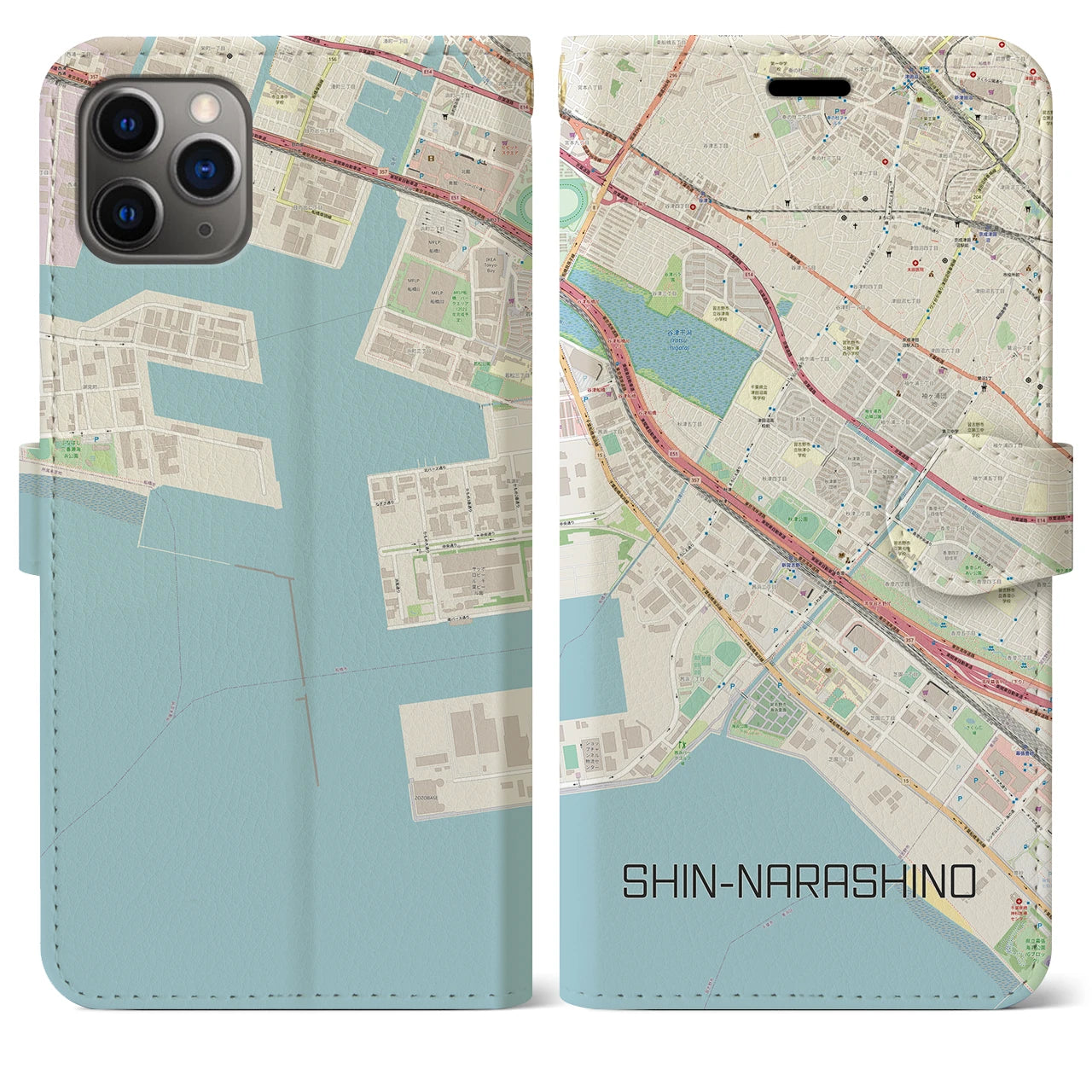 【新習志野】地図柄iPhoneケース（手帳両面タイプ・ナチュラル）iPhone 11 Pro Max 用