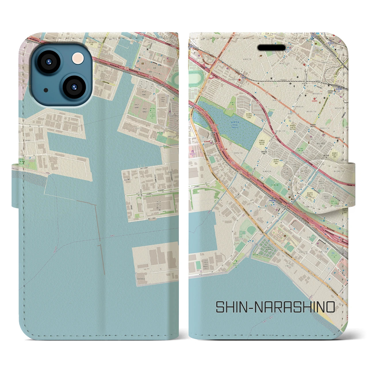 【新習志野】地図柄iPhoneケース（手帳両面タイプ・ナチュラル）iPhone 13 用
