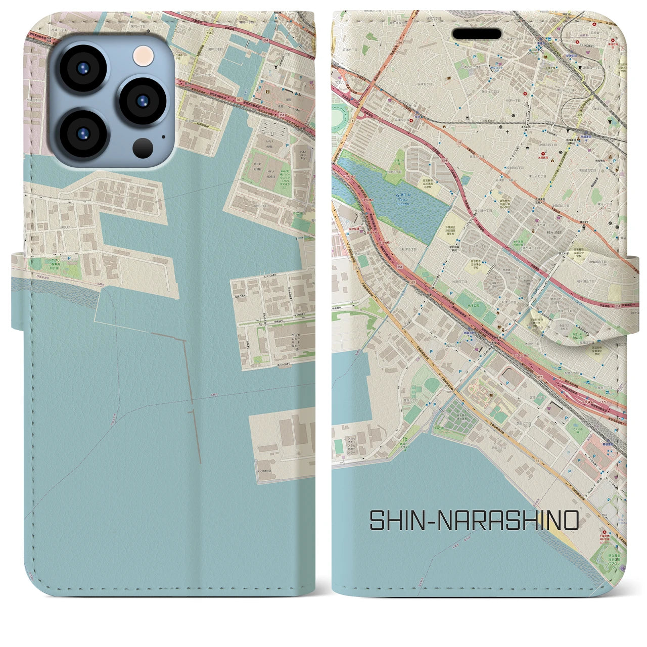 【新習志野】地図柄iPhoneケース（手帳両面タイプ・ナチュラル）iPhone 13 Pro Max 用