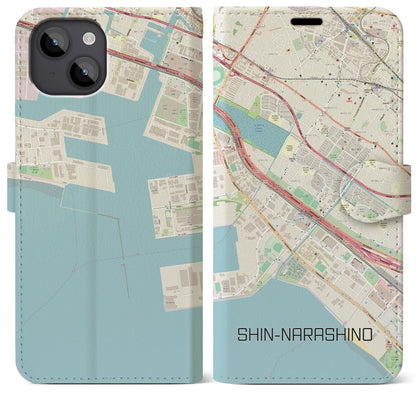 【新習志野（千葉県）】地図柄iPhoneケース（手帳タイプ）ナチュラル・iPhone 14 Plus 用