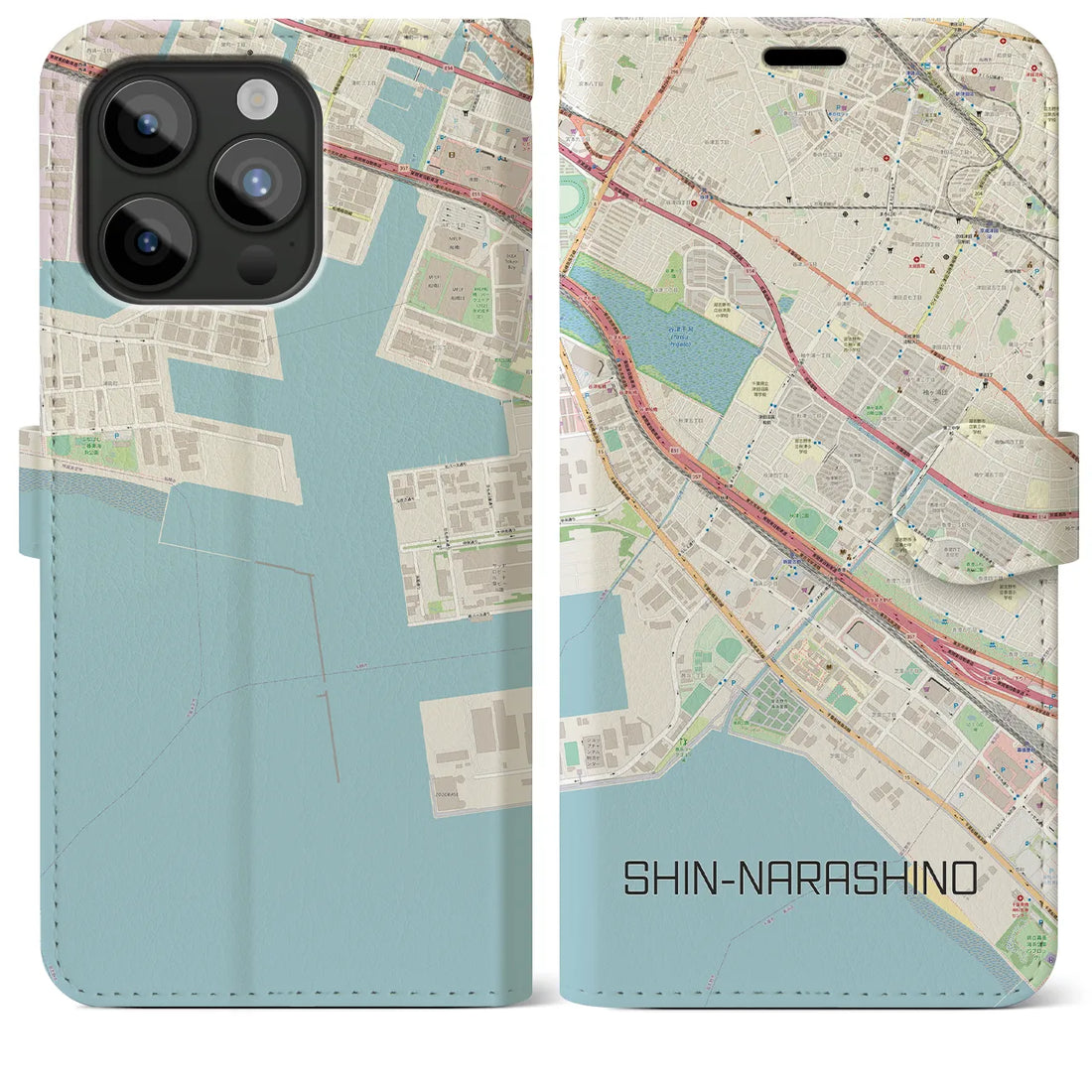 【新習志野】地図柄iPhoneケース（手帳両面タイプ・ナチュラル）iPhone 15 Pro Max 用