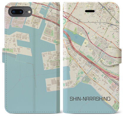 【新習志野（千葉県）】地図柄iPhoneケース（手帳タイプ）ナチュラル・iPhone 8Plus /7Plus / 6sPlus / 6Plus 用