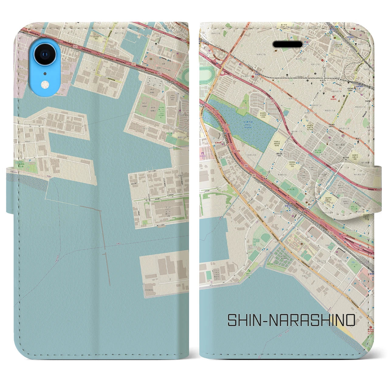 【新習志野】地図柄iPhoneケース（手帳両面タイプ・ナチュラル）iPhone XR 用