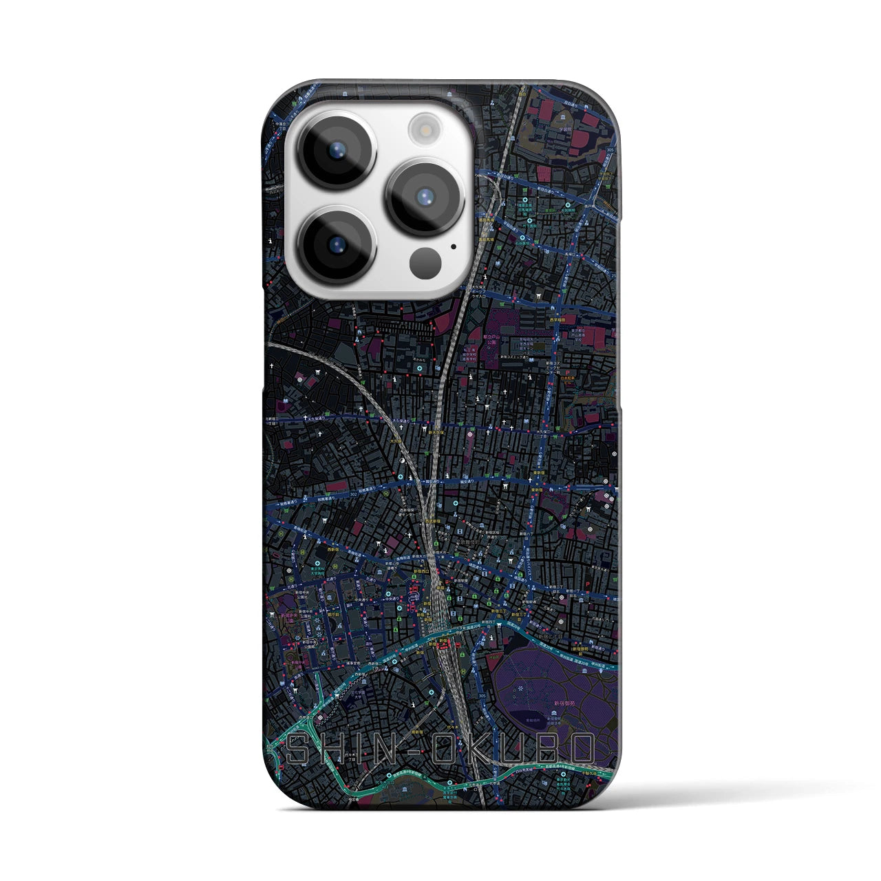【新大久保】地図柄iPhoneケース（バックカバータイプ・ブラック）iPhone 14 Pro 用