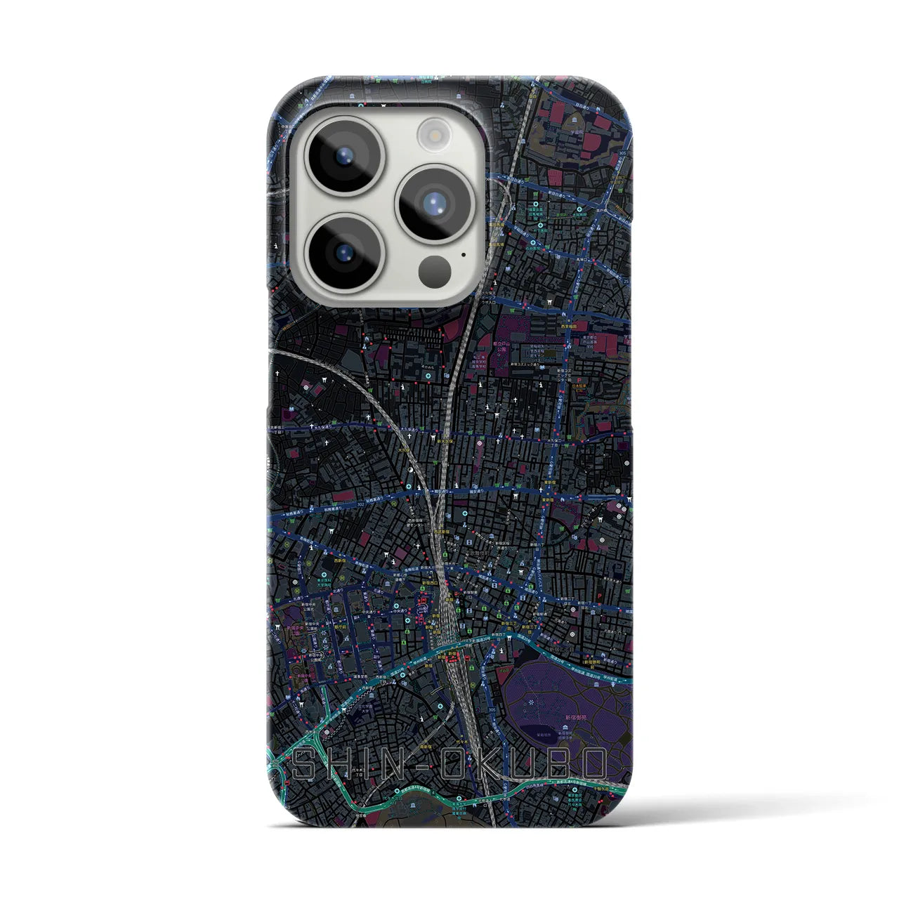 【新大久保】地図柄iPhoneケース（バックカバータイプ・ブラック）iPhone 15 Pro 用