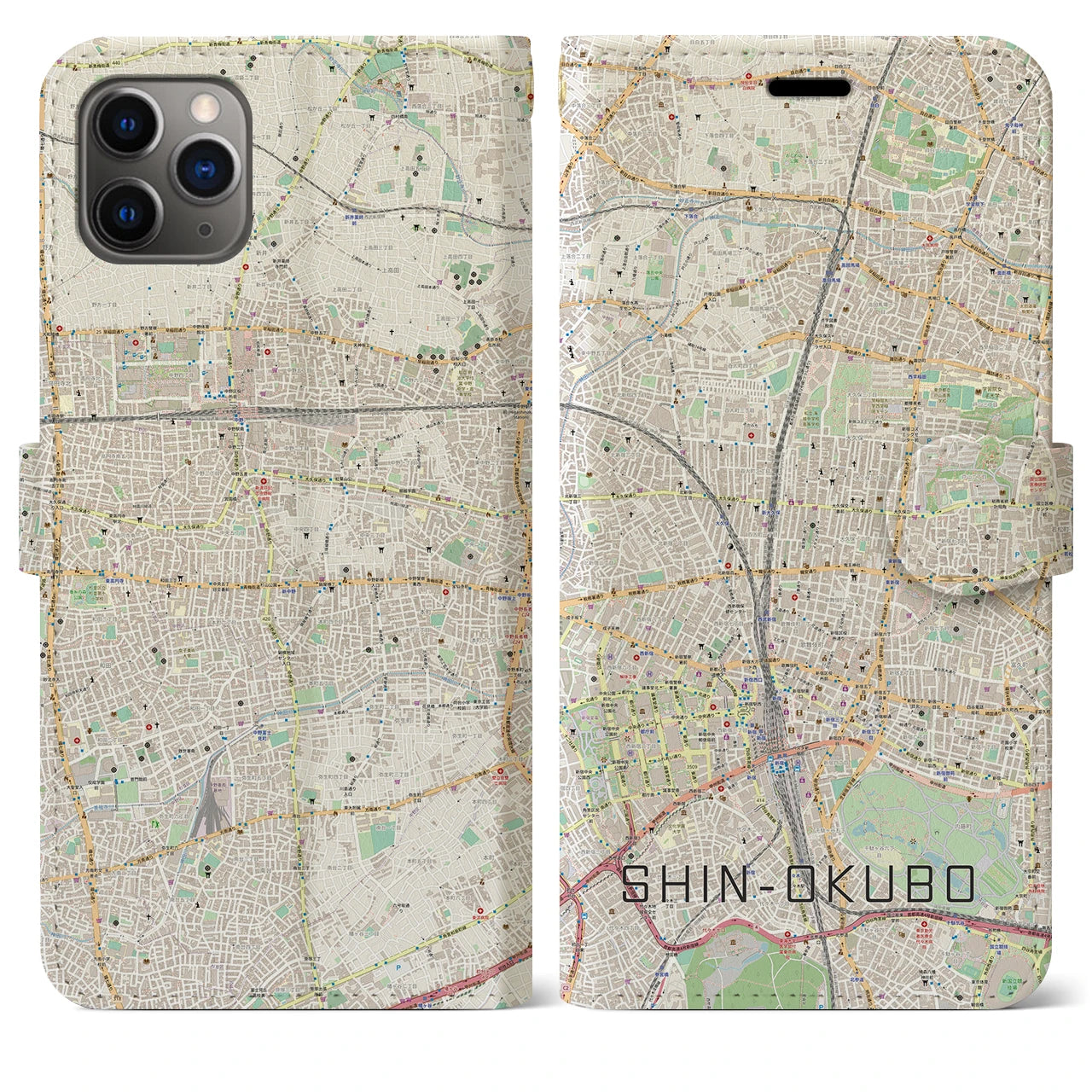 【新大久保】地図柄iPhoneケース（手帳両面タイプ・ナチュラル）iPhone 11 Pro Max 用