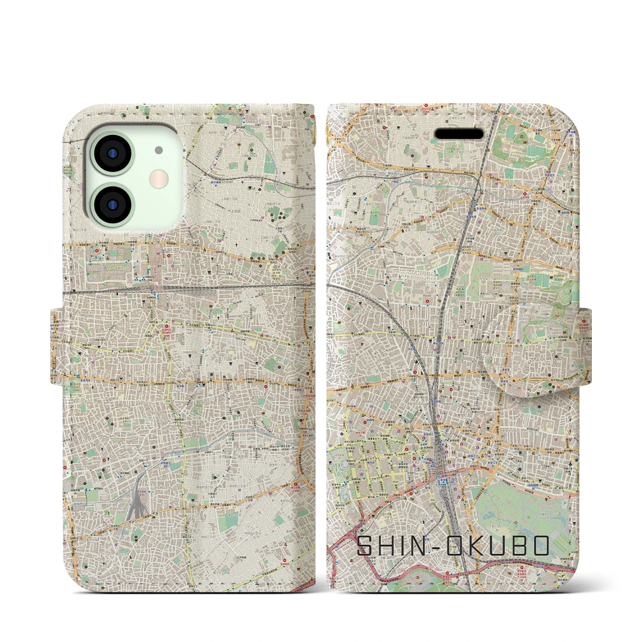 【新大久保】地図柄iPhoneケース（手帳両面タイプ・ナチュラル）iPhone 12 mini 用